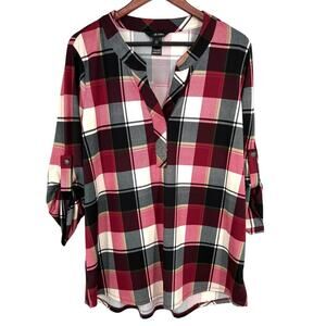 NWOT Ali Miles Sz Large Red Black Plaid Stretchy Blouse Shirt Top Wearable Art